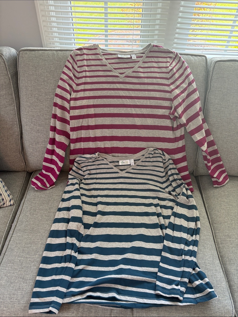 Denim&Co Striped V-Neck Long Sleeve Tees - Pink & Teal Stripes